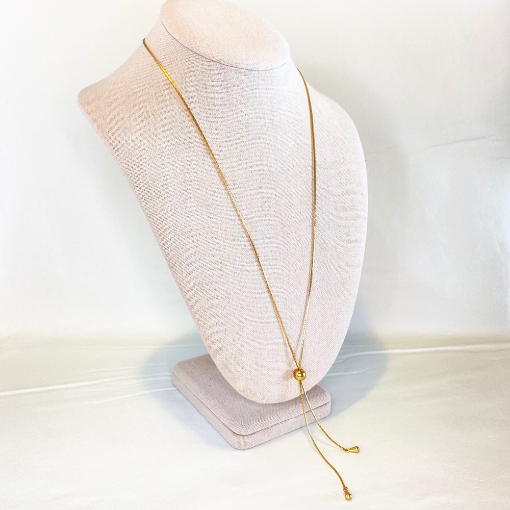 Vintage Gold Tone Slide Lariat Necklace Adjustable Dainty Snake Chain Teardrop - Picture 7 of 8